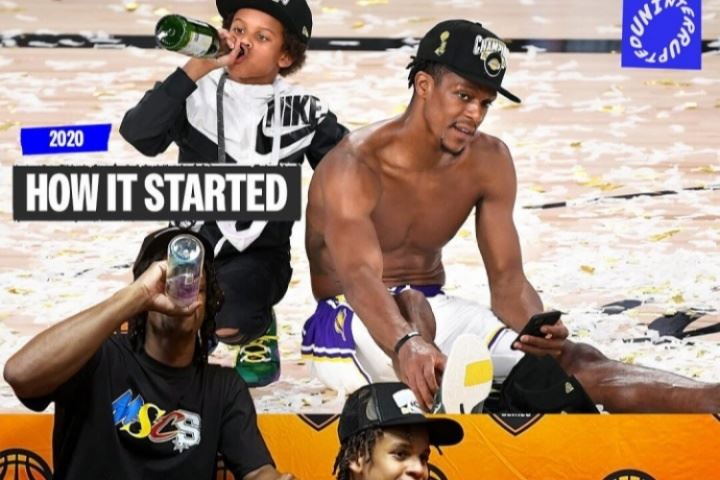 2020湖人夺冠庆典上偷喝酒的隆多儿子夺冠！詹姆斯点赞转发